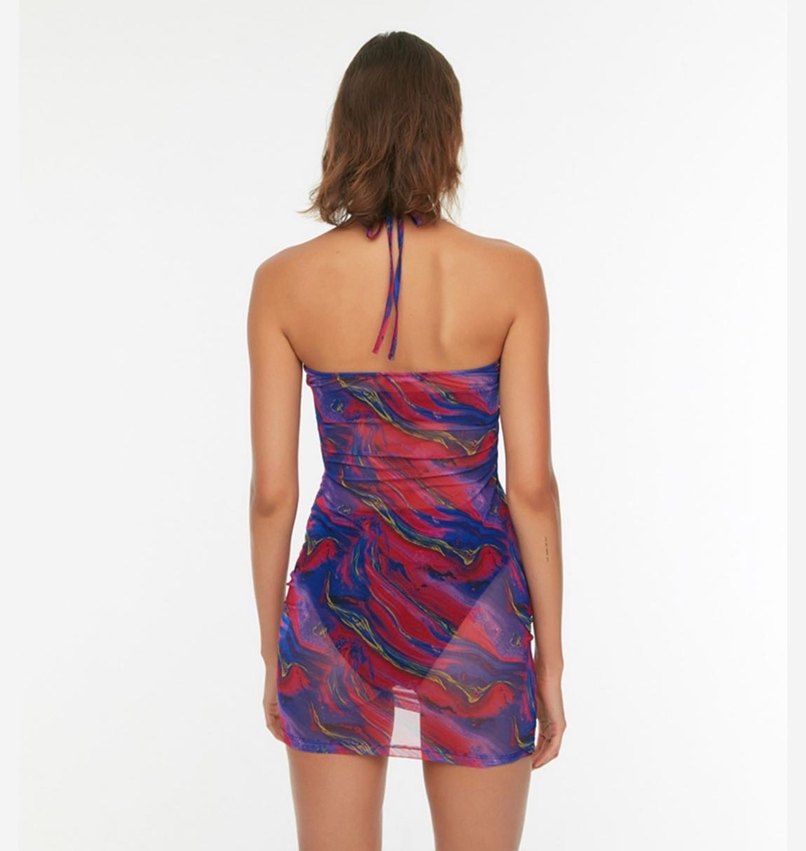 Mor Pembe Desenli Tül Kısa Plaj Elbisesi - Görsel 2