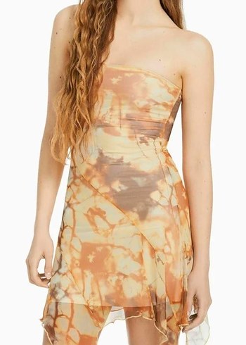 Bershka Straplez Krem Kahverengi Asimetrik Mini Elbise - Görsel 2