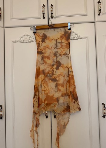 Bershka Straplez Krem Kahverengi Asimetrik Mini Elbise - Görsel 5