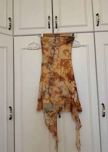 Bershka Straplez Krem Kahverengi Asimetrik Mini Elbise - Görsel 4