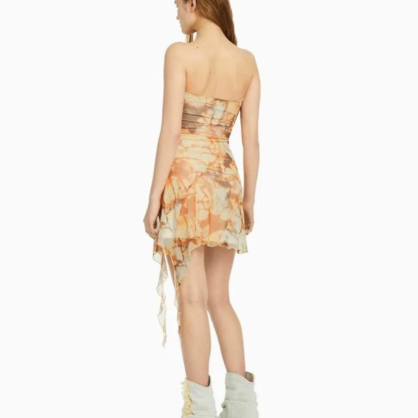 Bershka Straplez Krem Kahverengi Asimetrik Mini Elbise - Görsel 3