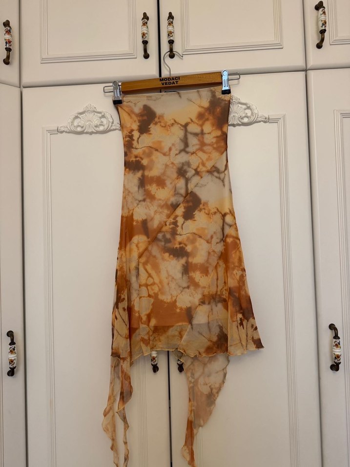 Bershka Straplez Krem Kahverengi Asimetrik Mini Elbise - Görsel 5