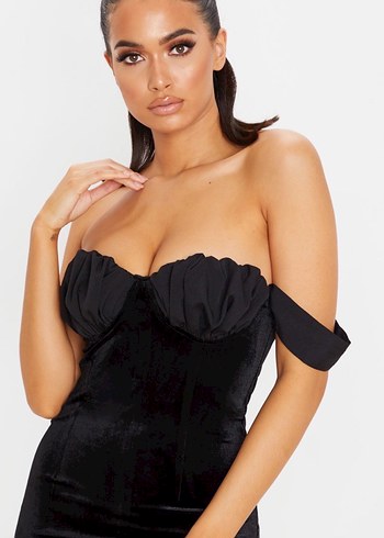 Siyah Düşük Askılı Straplez Kadife Kalem Mini Elbise - Görsel 3