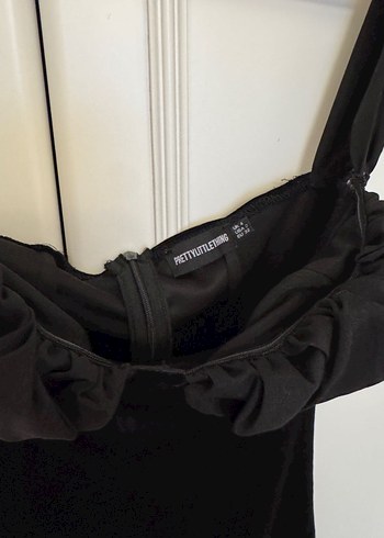 Siyah Düşük Askılı Straplez Kadife Kalem Mini Elbise - Görsel 7