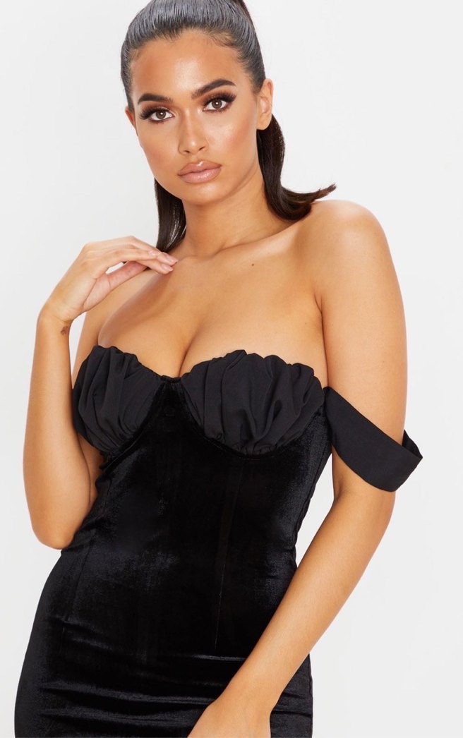 Siyah Düşük Askılı Straplez Kadife Kalem Mini Elbise - Görsel 3