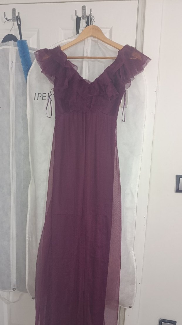 mürdüm Drapeli V Yaka Uzun Abiye Elbise - Görsel 3