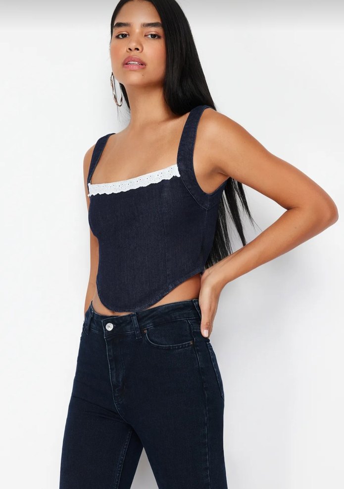 Dantelli Lacivert Denim Kadın Blhz - Görsel 2