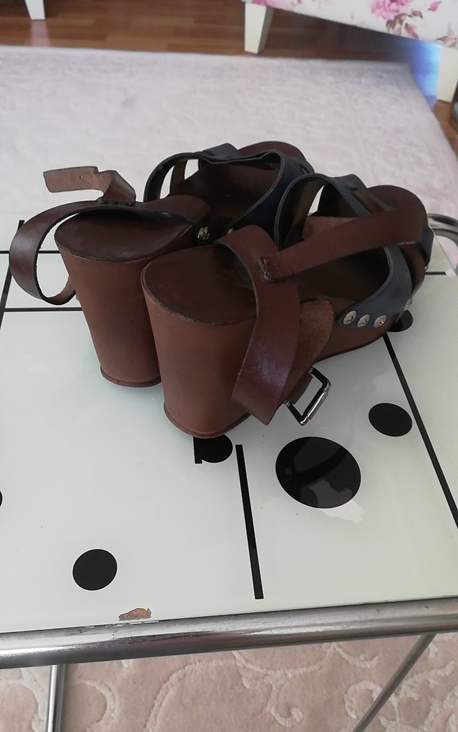 Kahverengi Deri Platform Topuklu Kadın Sandalet - Görsel 2