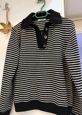 Siyah Beyaz Çizgili Örgü Kadın Kazak - Görsel 3