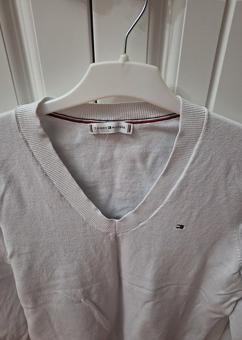 V Yaka Beyaz Kadın Keten Kazak - Görsel 2