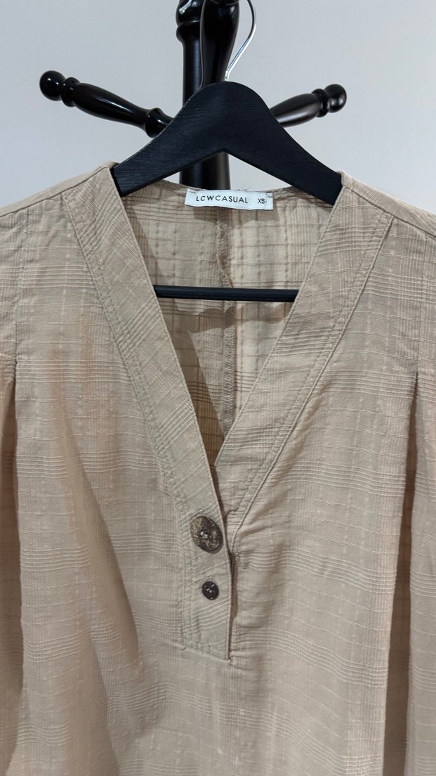 Lcw Bej Kısa Kollu Keten V Yaka Gömlek - Görsel 2