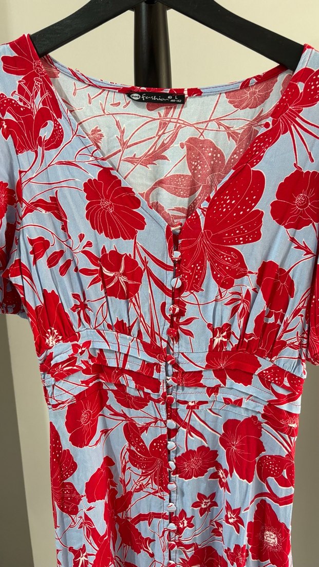 Kırmızı Çiçek Desenli Uzun Elbise - Görsel 2