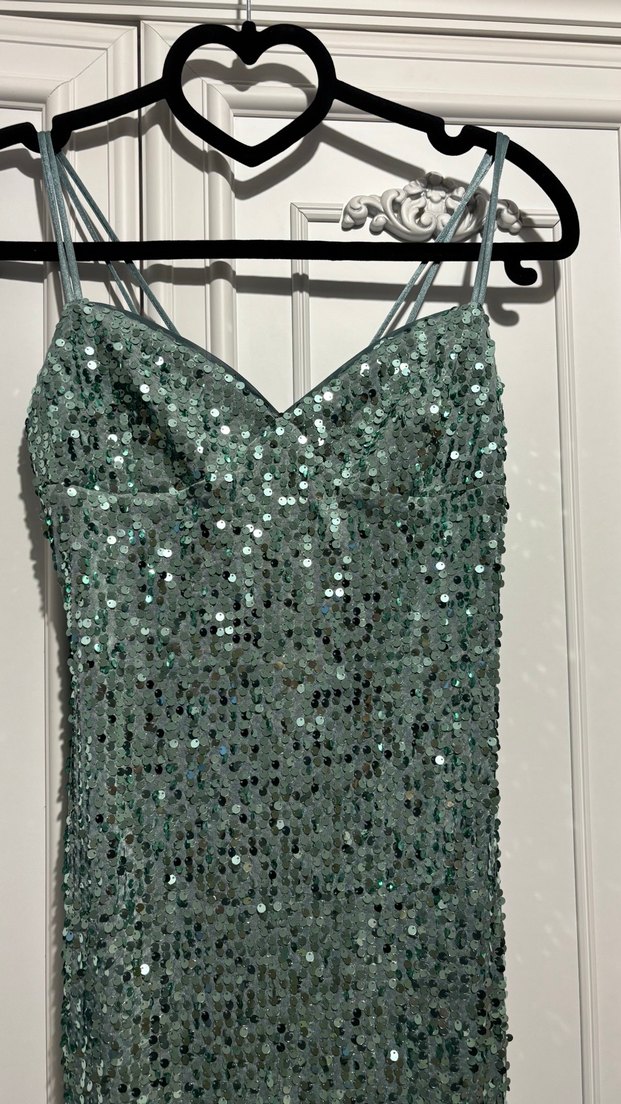 Parlak Turkuaz Pul İşlemeli Uzun Abiye Elbise - Görsel 2