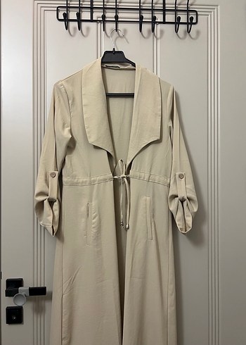 Bej Uzun Keten Salaş Trençkot - Görsel 5