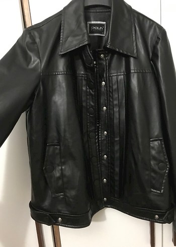 Düğmeli Siyah Biker Deri Ceket - Görsel 3