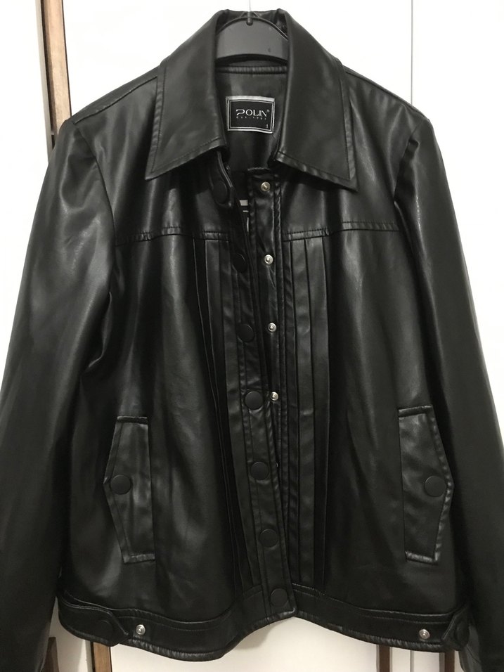 Düğmeli Siyah Biker Deri Ceket - Görsel 2