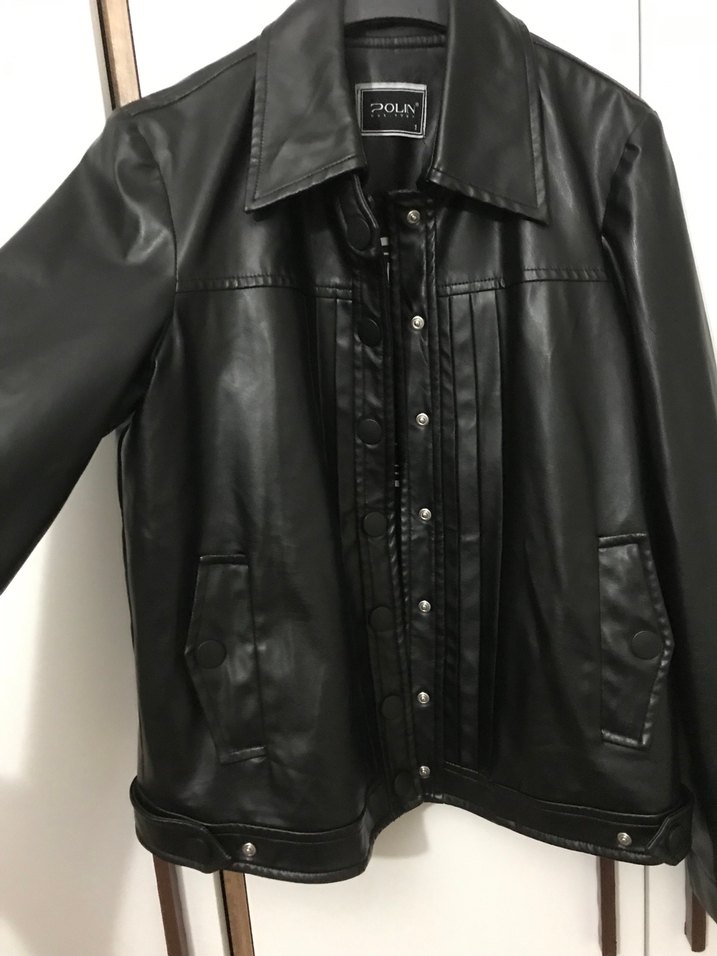 Düğmeli Siyah Biker Deri Ceket - Görsel 3