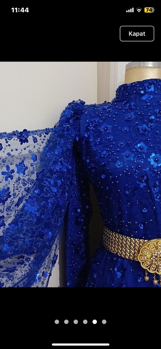 Uzun Kollu İşlemeli Mavi Kadın Abiye pelerinli - Görsel 2