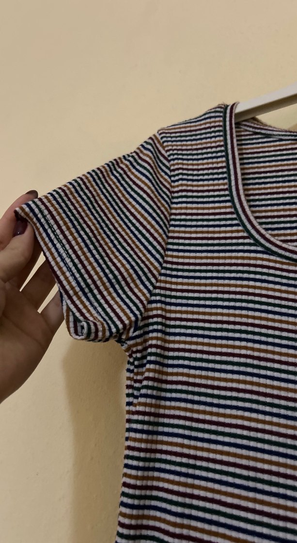 Renkli Çizgili Kısa Kollu Midi Elbise - Görsel 3