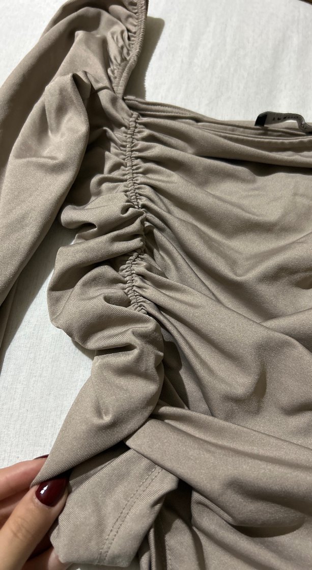 Gri Drapeli Kadın Keten Bluz - Görsel 2