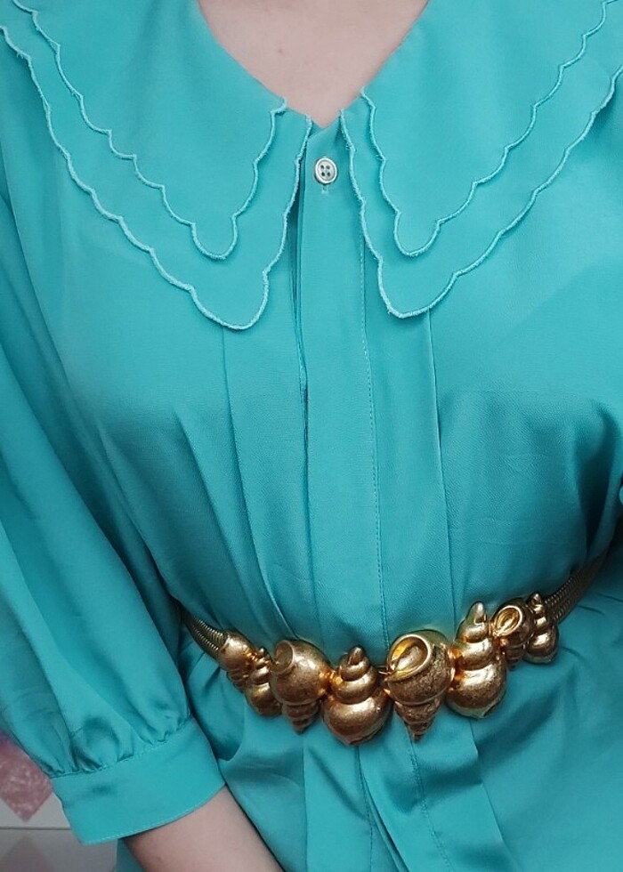 Su yeşili bebe yaka vintage gömlek - Görsel 4