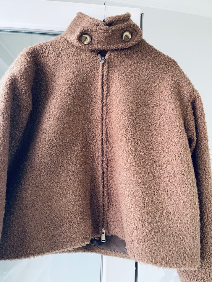Kahverengi Yüksek Yakalı Peluş Ceket - Görsel 2