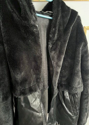 Siyah Deri Kürklü Midi Kadın Kapşonlu - Görsel 4