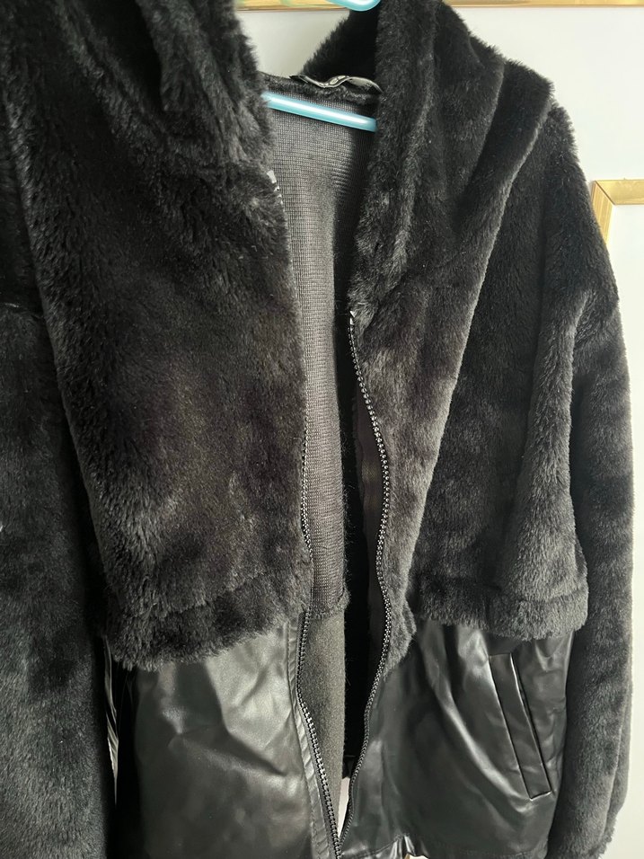 Siyah Deri Kürklü Midi Kadın Kapşonlu - Görsel 4