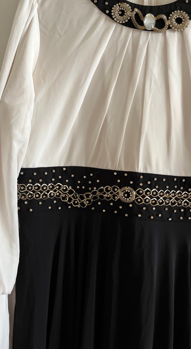 Uzun Kollu Siyah Beyaz Pilili Uzun Elbise - Görsel 3