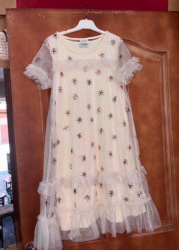 Nakışlı Bohem Kız Elbisesi, Kısa Kollu, Beyaz - Görsel 2