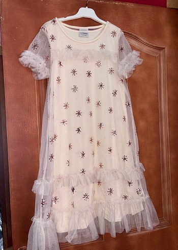 Nakışlı Bohem Kız Elbisesi, Kısa Kollu, Beyaz - Görsel 3