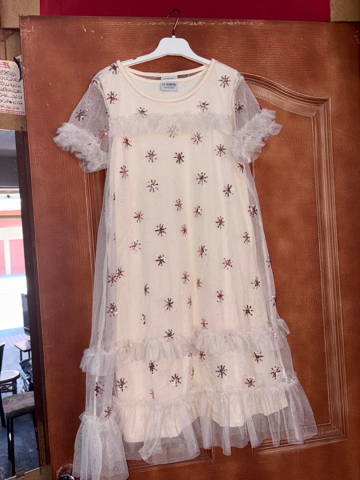 Nakışlı Bohem Kız Elbisesi, Kısa Kollu, Beyaz - Görsel 2