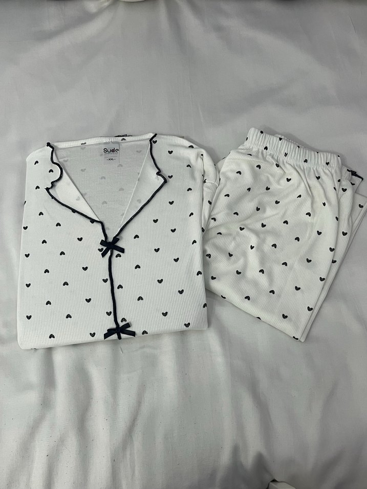 Uzun Kollu Beyaz Mini Kadın Pijama Takımı - Görsel 2