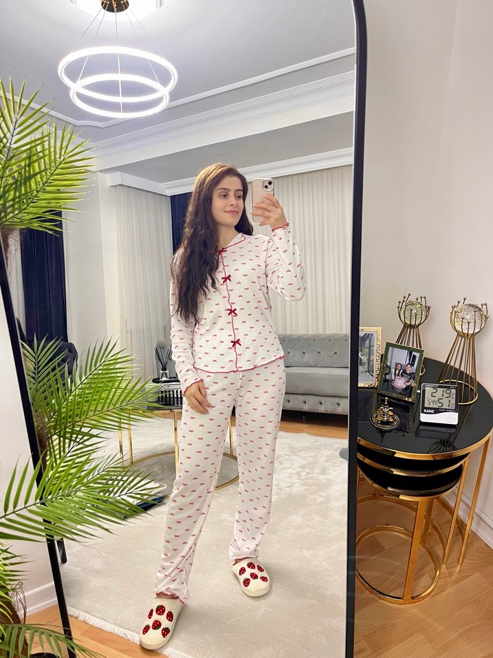 Beyaz Bağlama Detaylı Uzun Kollu Pijama Takımı - Görsel 2