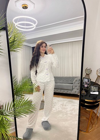 Beyaz Bağlama Desenli Rahat Kadın Pijama Takımı - Görsel 2