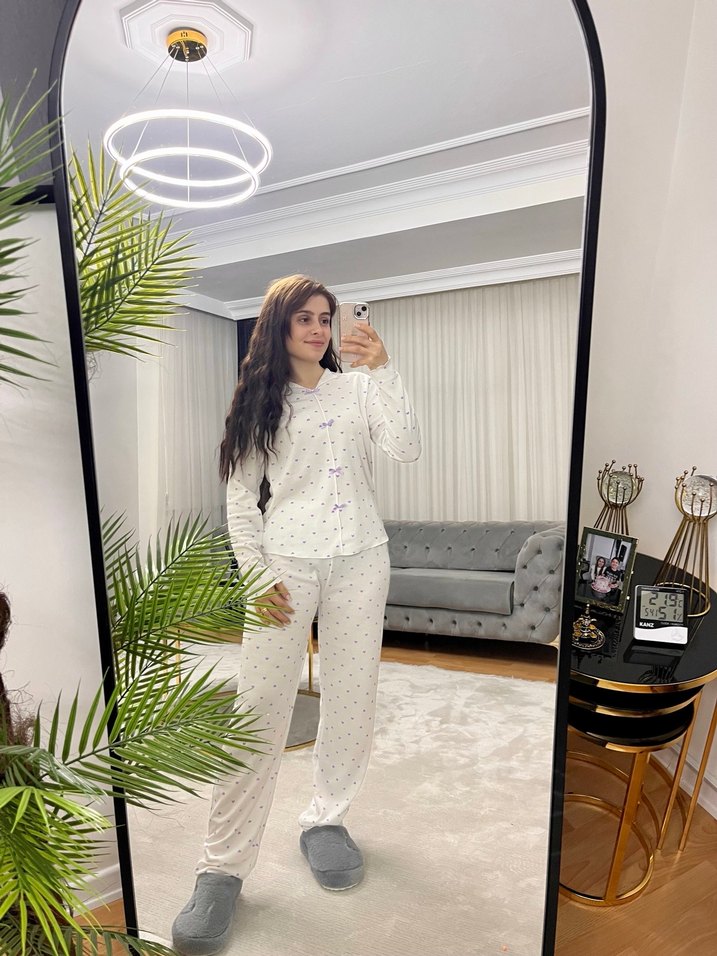 Beyaz Bağlama Desenli Rahat Kadın Pijama Takımı - Görsel 2