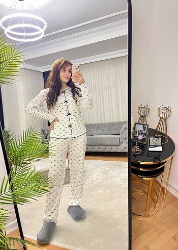 Gri Bağlama Desenli Uzun Kollu Kadın Pijama Takımı - Görsel 2