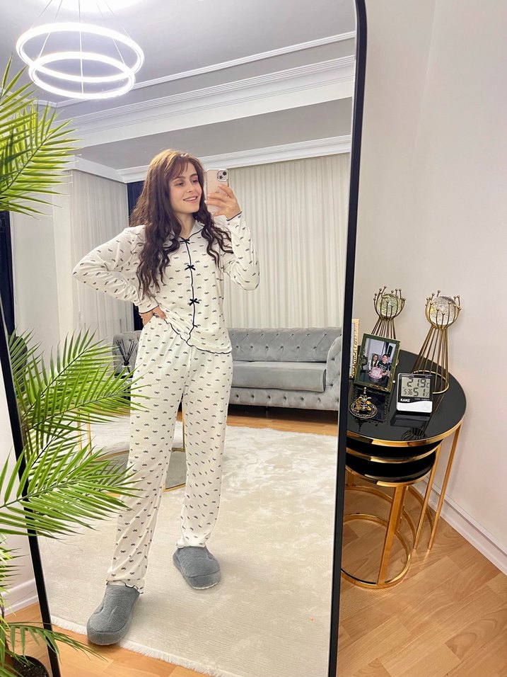 Gri Bağlama Desenli Uzun Kollu Kadın Pijama Takımı - Görsel 3