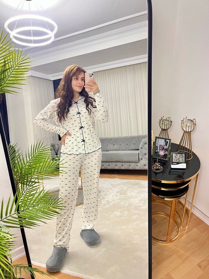 Gri Bağlama Desenli Uzun Kollu Kadın Pijama Takımı - Görsel 2