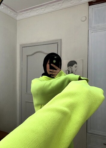 Diğer Boğazlı Yırtmaçlı Triko Kazak - Neon Sarı Standart Beden