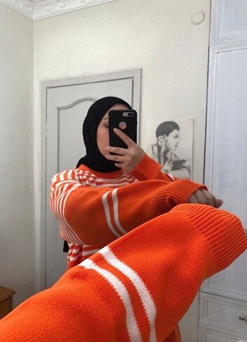 Diğer Çizgili Desen Triko Kazak - Turuncu Standart Beden
