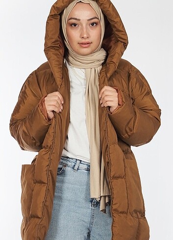 universal Beden kahverengi Renk Oversize Midi Boy Şişme Mont - Kahve Standart Beden