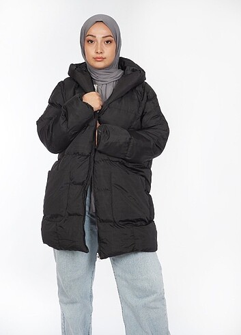 Oversize Midi Boy Şişme Mont - Siyah Standart Beden