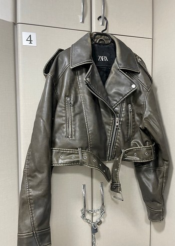 Haki deri biker ceket - Görsel 2