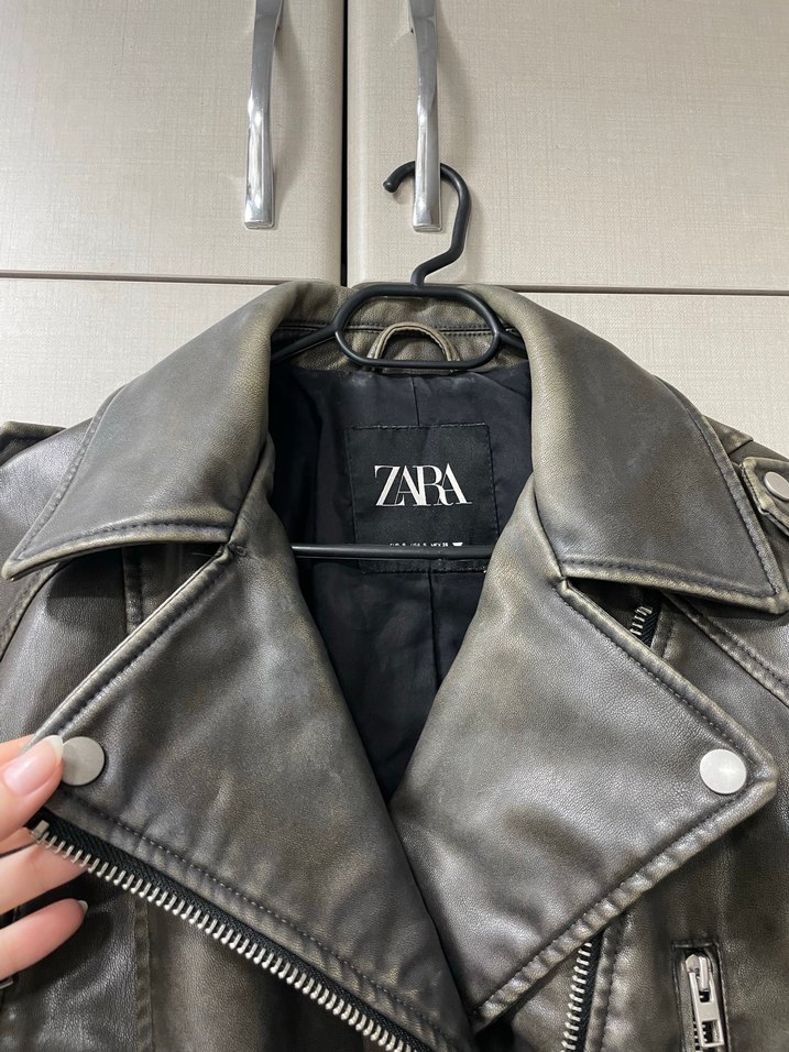 Haki deri biker ceket - Görsel 3