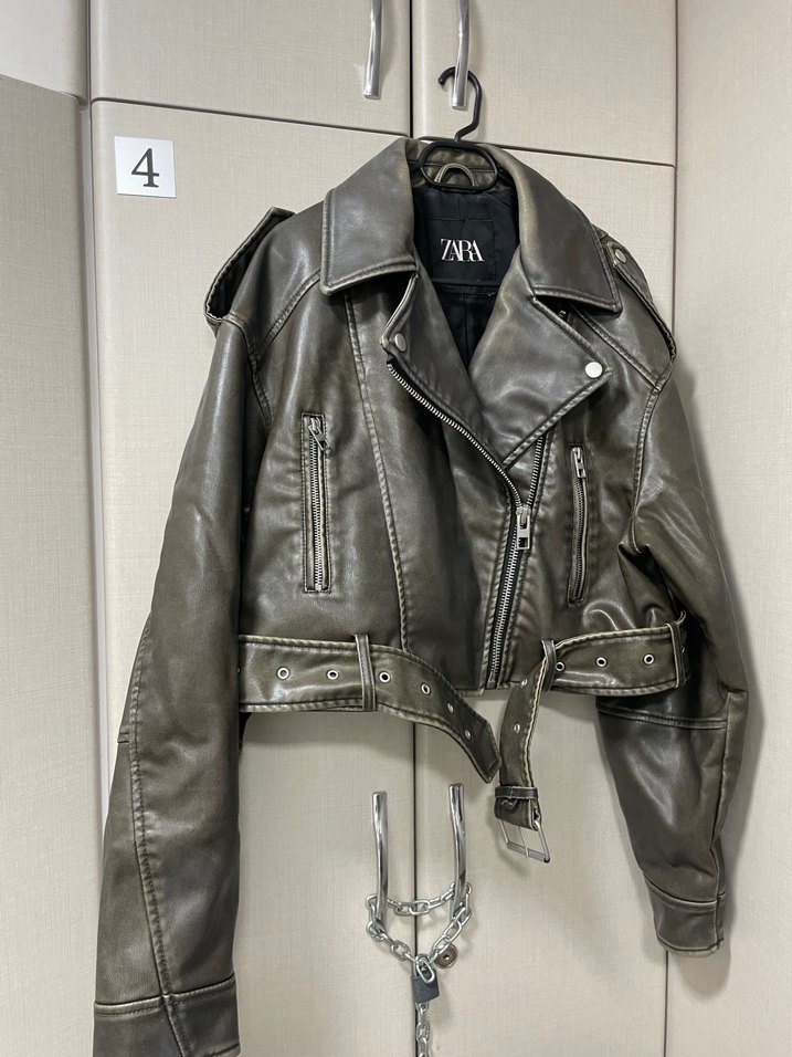 Haki deri biker ceket - Görsel 2