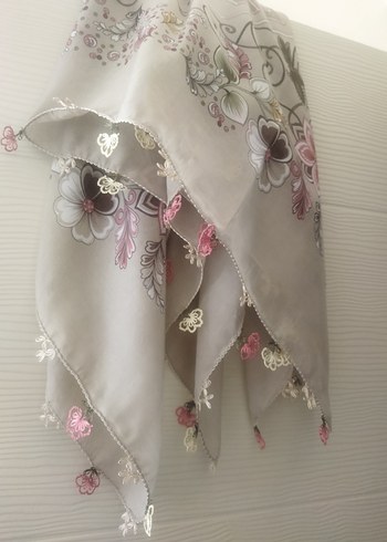 Dantel Kenarlı Bohem Gri Kadın Fular - Görsel 10