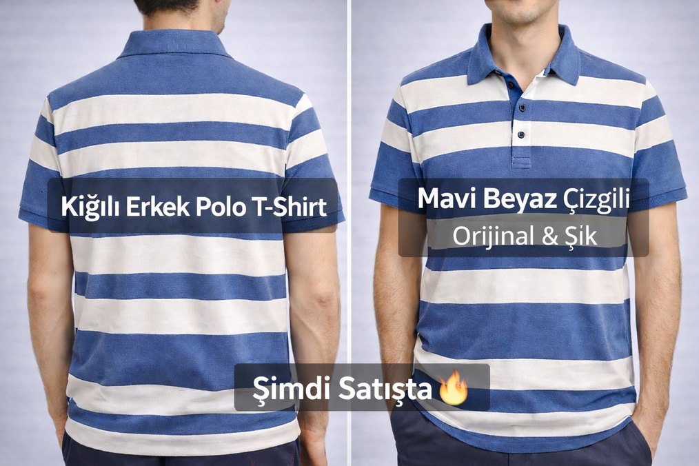 Kiğılı Erkek Polo Yaka T-Shirt | Mavi Beyaz Çizgili | Orijinal - Görsel 5