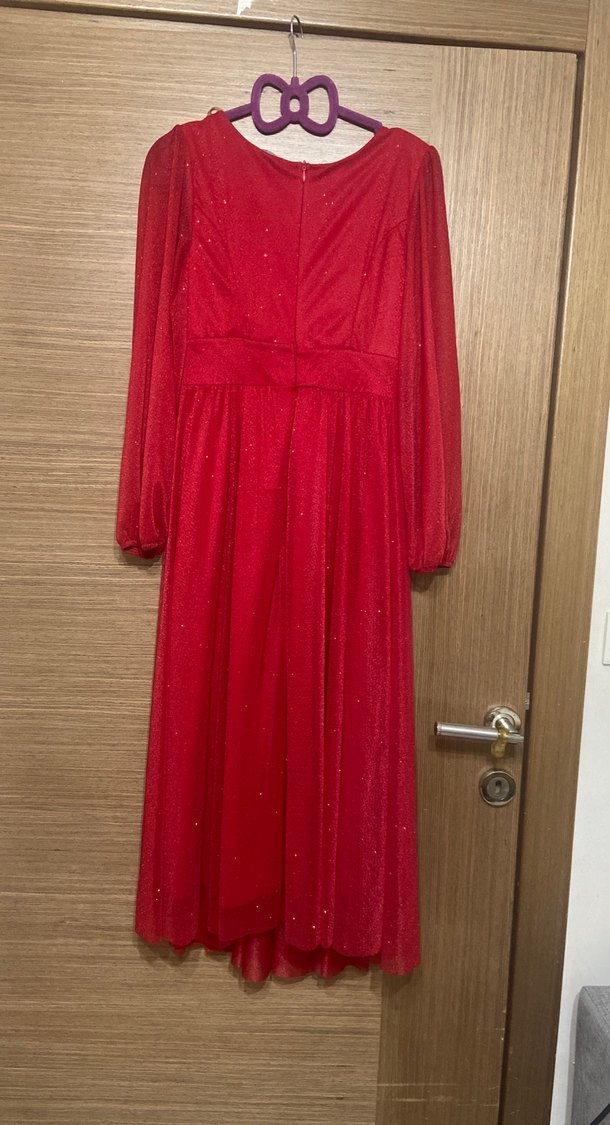 Klasik Şıklık Kırmızı Midi Abiye Elbise - Görsel 4