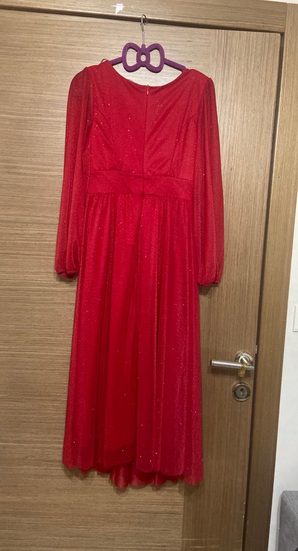 Klasik Şıklık Kırmızı Midi Abiye Elbise - Görsel 5